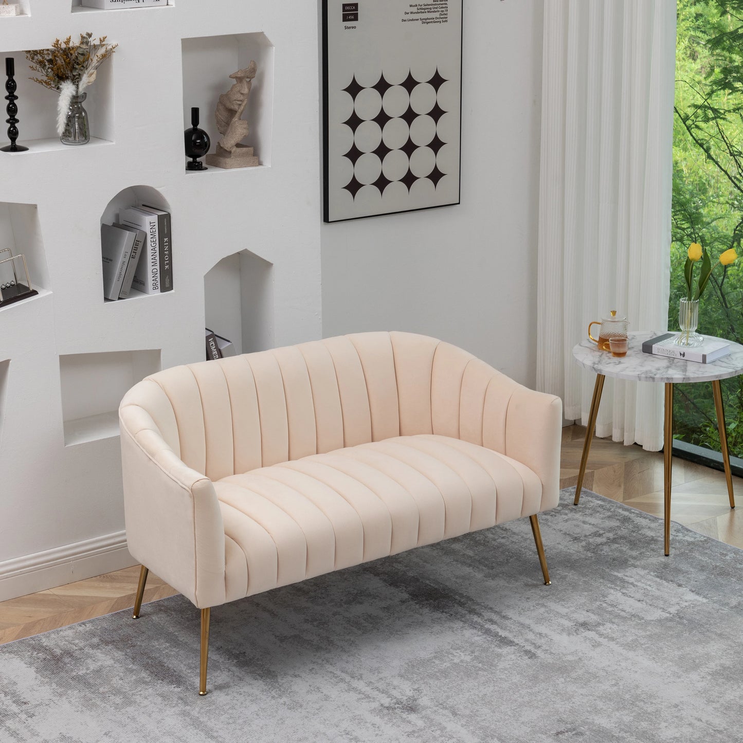 Modern Glam Comfy 50" Metal Legs Curved Sofa 2 Seaters Loveseat with Tufted Back, Mid Century Hall Velvet Sofa for Living Room