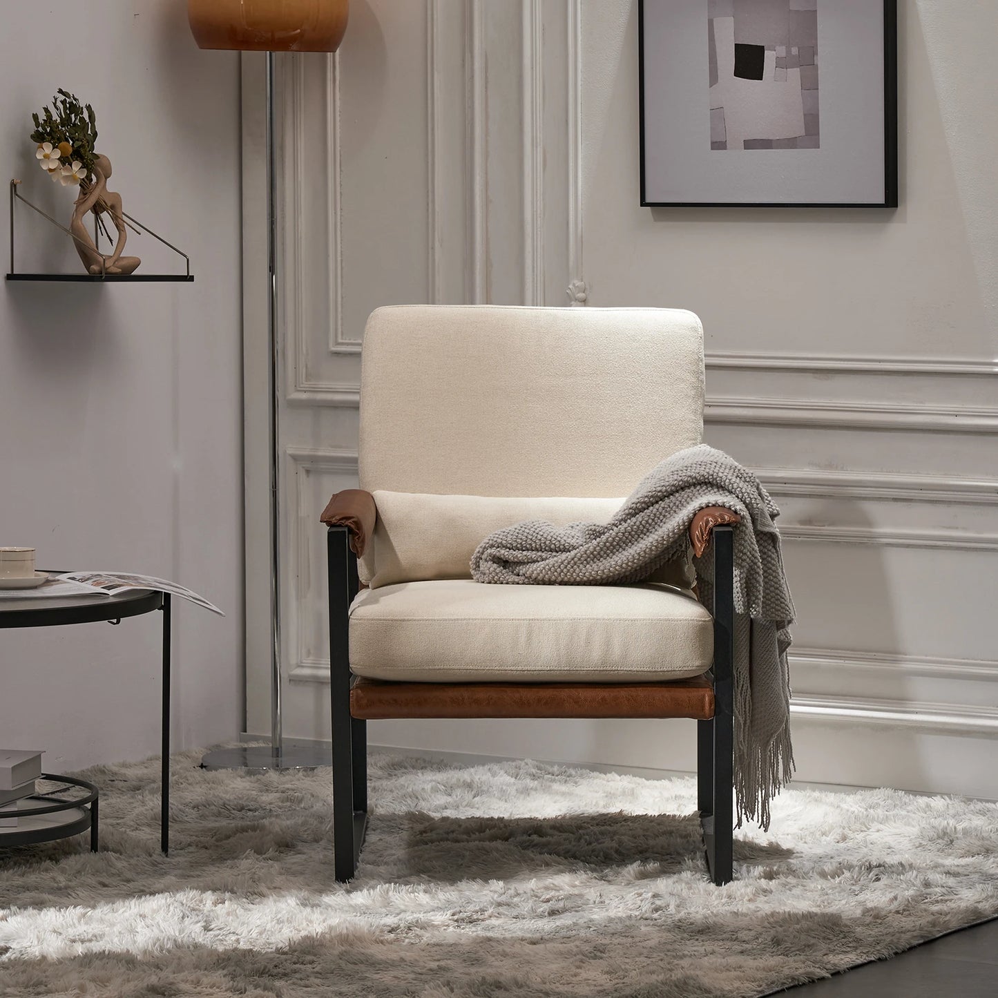 Single Iron Frame Chair Soft Cover Beige Brown Honeycomb Leather Armrest Frame Indoor Leisure Chair