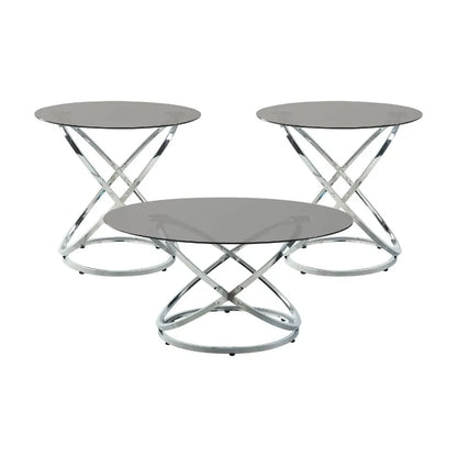 3piece Occasional Table Set Chrome Finish Metal Cocktail Table End Tables Tempered Glass Top