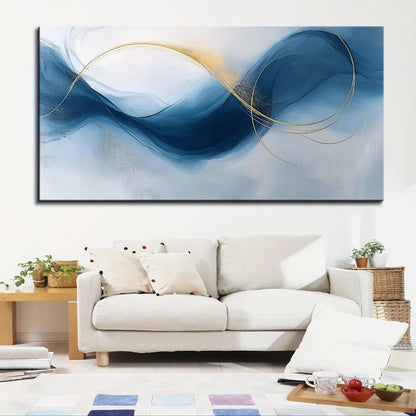 pine frame, large abstract gold and blue gradient painting,
