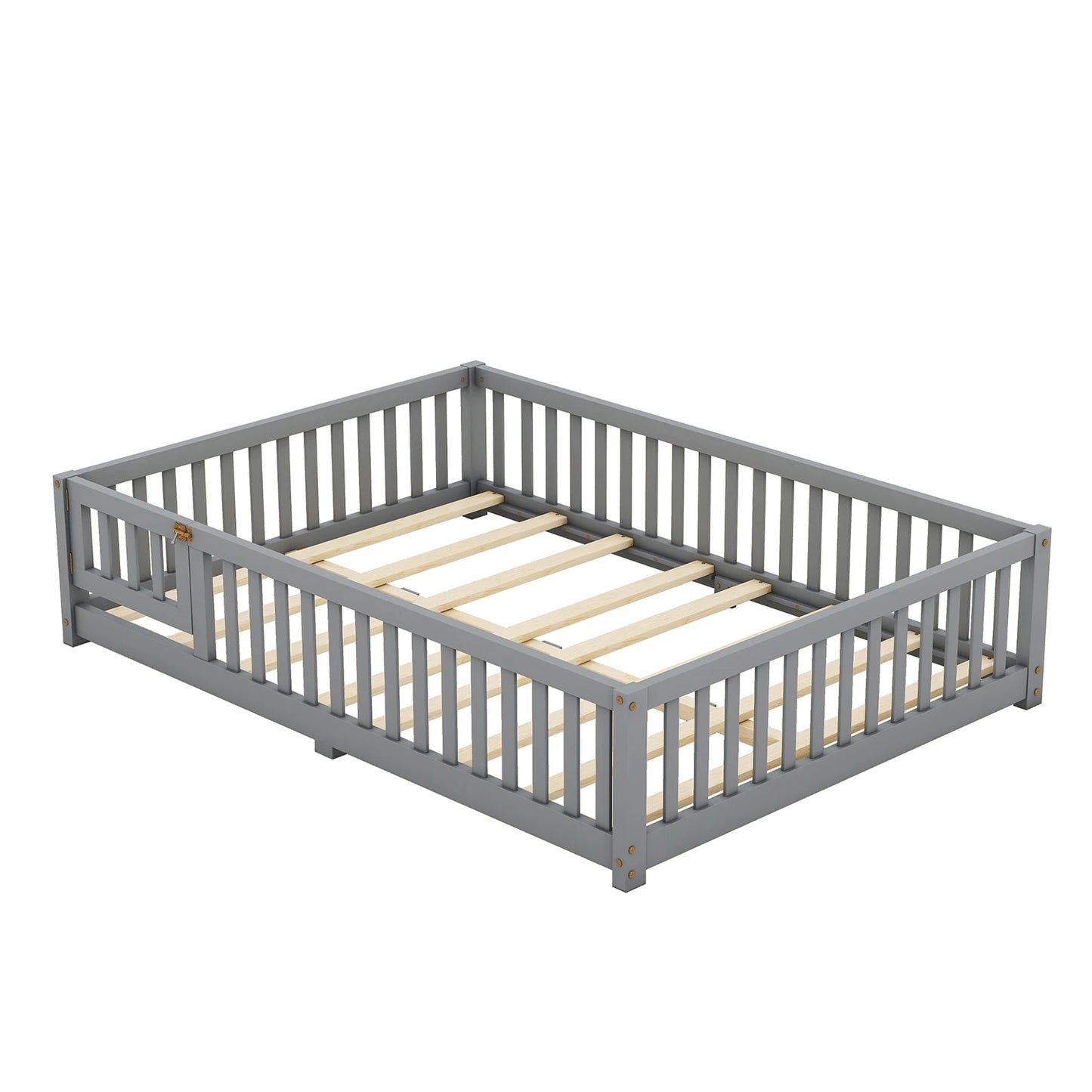 Toddler Floor Bed Frame with Safety Guardrails Doors Wood Slat Support Bed Detachable Platform Bed for Kids Bedroom Nursery