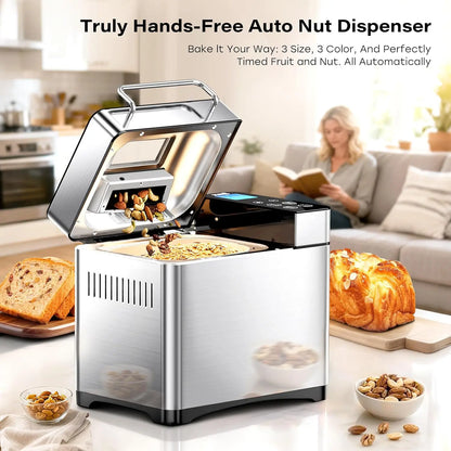 17-in-1 Automatic Bread Maker with Ceramic Pan, Nut Dispenser, Touch Panel, Stainless Steel, 3 Crust Options, 15H