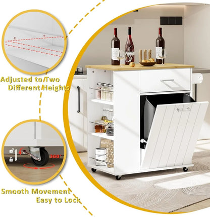 Rolling Kitchen Island with Trash Can Storage, Portable Kitchen Island on Wheels with Towel Rack & Spice Rack, Tilt Out Trash