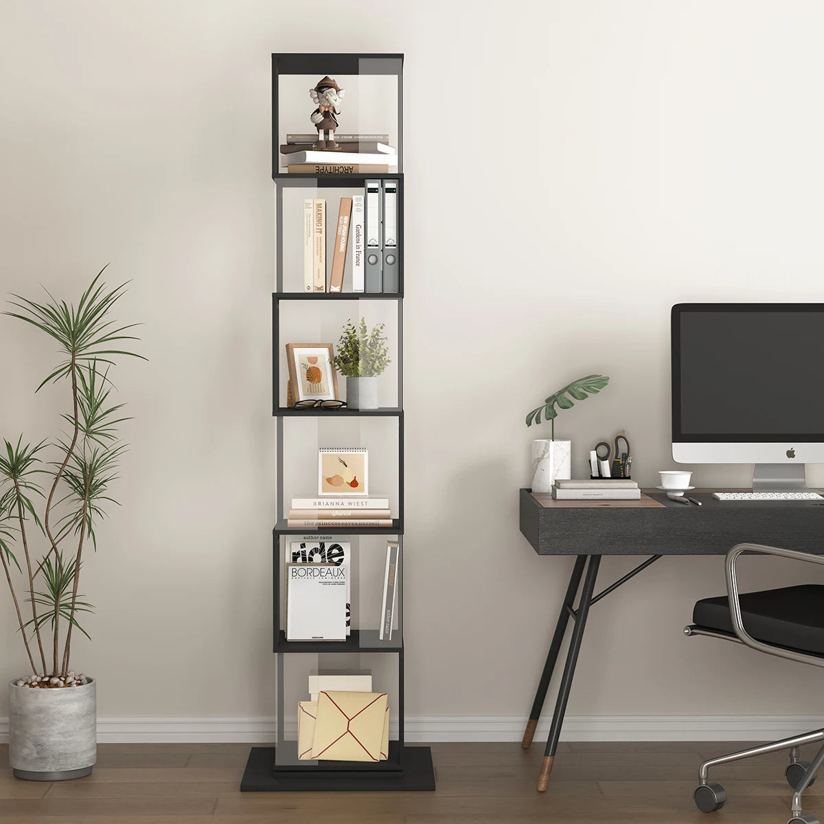 Bookshelf Tower, Floor Standing Wood Narrow Organizer
