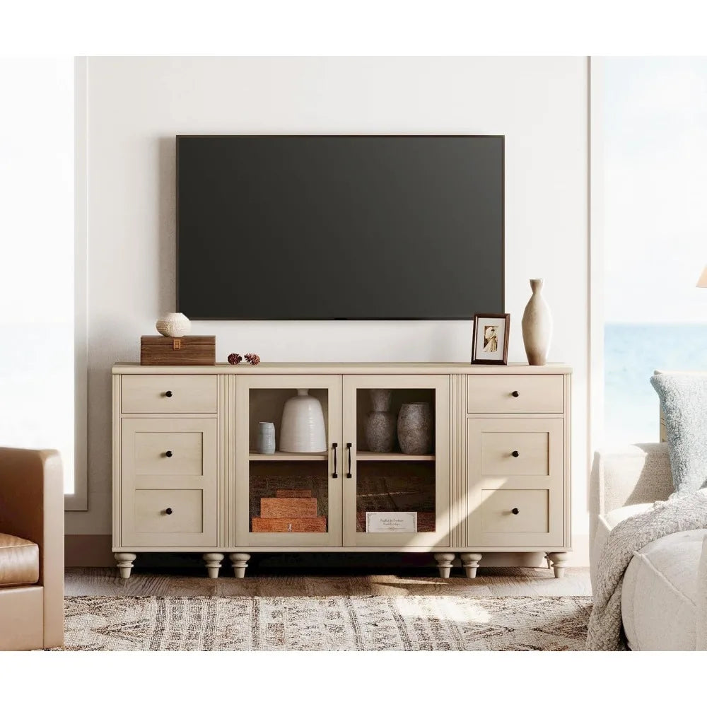 Tableware cabinet with glass doors, buffet cabinet, wooden coffee bar table with adjustable shelves, and 2 drawer cabinets
