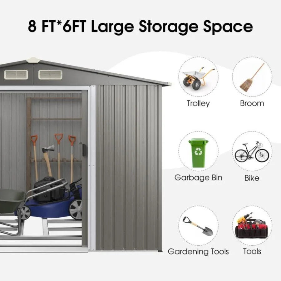 8 x 6 Feet Galvanized Steel Storage Shed for Garden Yard
