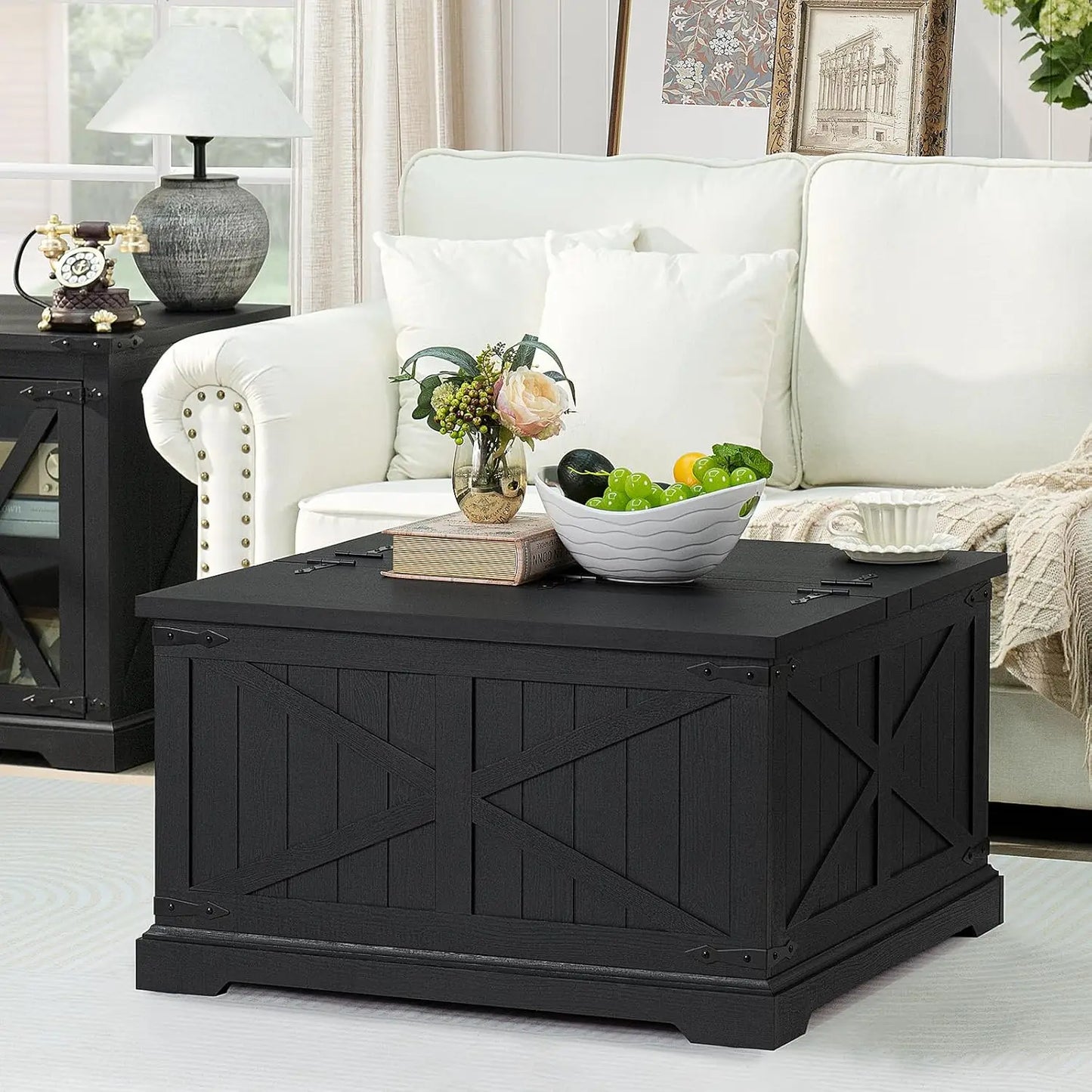 Farmhouse Coffee Table with Hidden Storage Space, Wood Square Large Center Table for Living Room, Farm House Rustic Brown