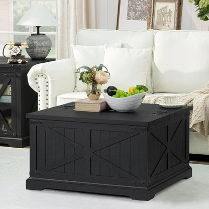 Farmhouse Coffee Table with Hidden Storage Space, Wood Square Large Center Table for Living Room, Farm House Rustic Brown