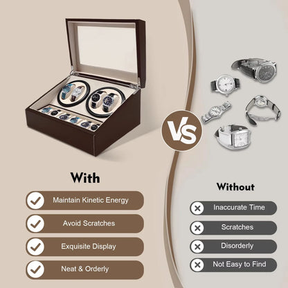 4+6 Rotation Leather Storage Case Display Case Box Automatic Watch Winder Holder Organizer W/Pillow (Brown)