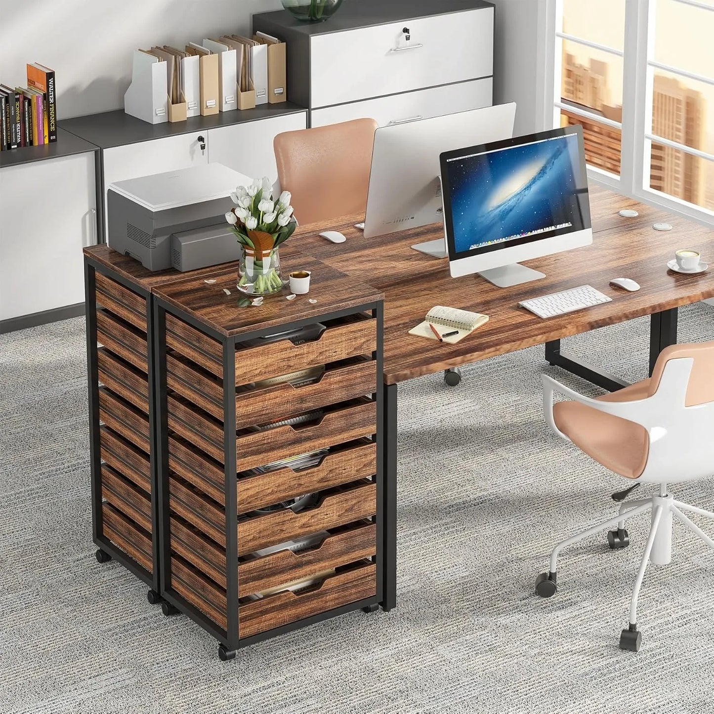 7-Drawer File Cabinet with Drawers & Wheels, Wood Mobile Storage Drawer