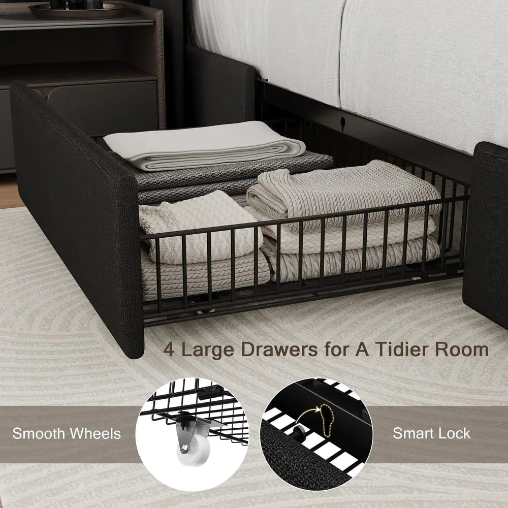 King Size Upholstered Lift Up Storage Bed, Beige Linen Look Fabric Bed Frame with Vertical Panel Headboard, Hydraulic Lift Storage