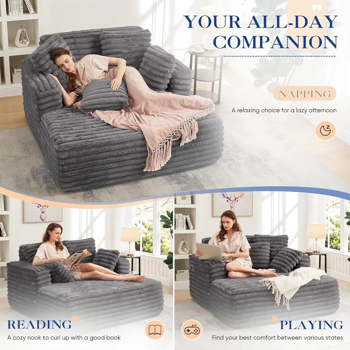 Oversized Chaise Lounge Indoor, Modern Plush Corduroy Fabric Deep Seat Boneless Memory Foam Sleeper Chaise Lounge, Customized