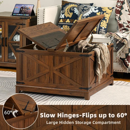 Farmhouse Coffee Table with Hidden Storage Space, Wood Square Large Center Table for Living Room, Farm House Rustic Brown
