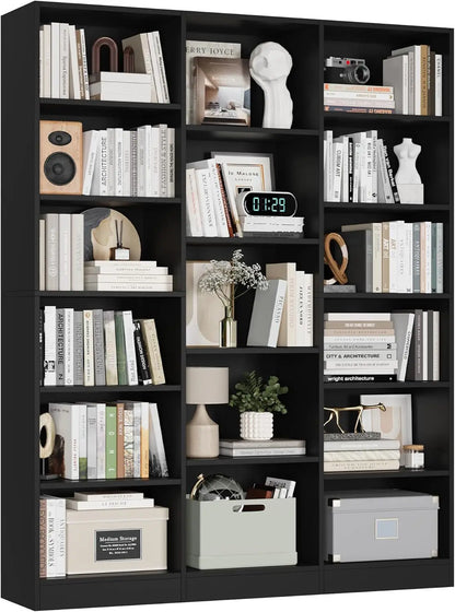 Triple Wide Bookshelf, 6 Tier Large Bookshelf, Bookcase with 17 Open Display Shelves, 74'' Tall Bookcases, Customized