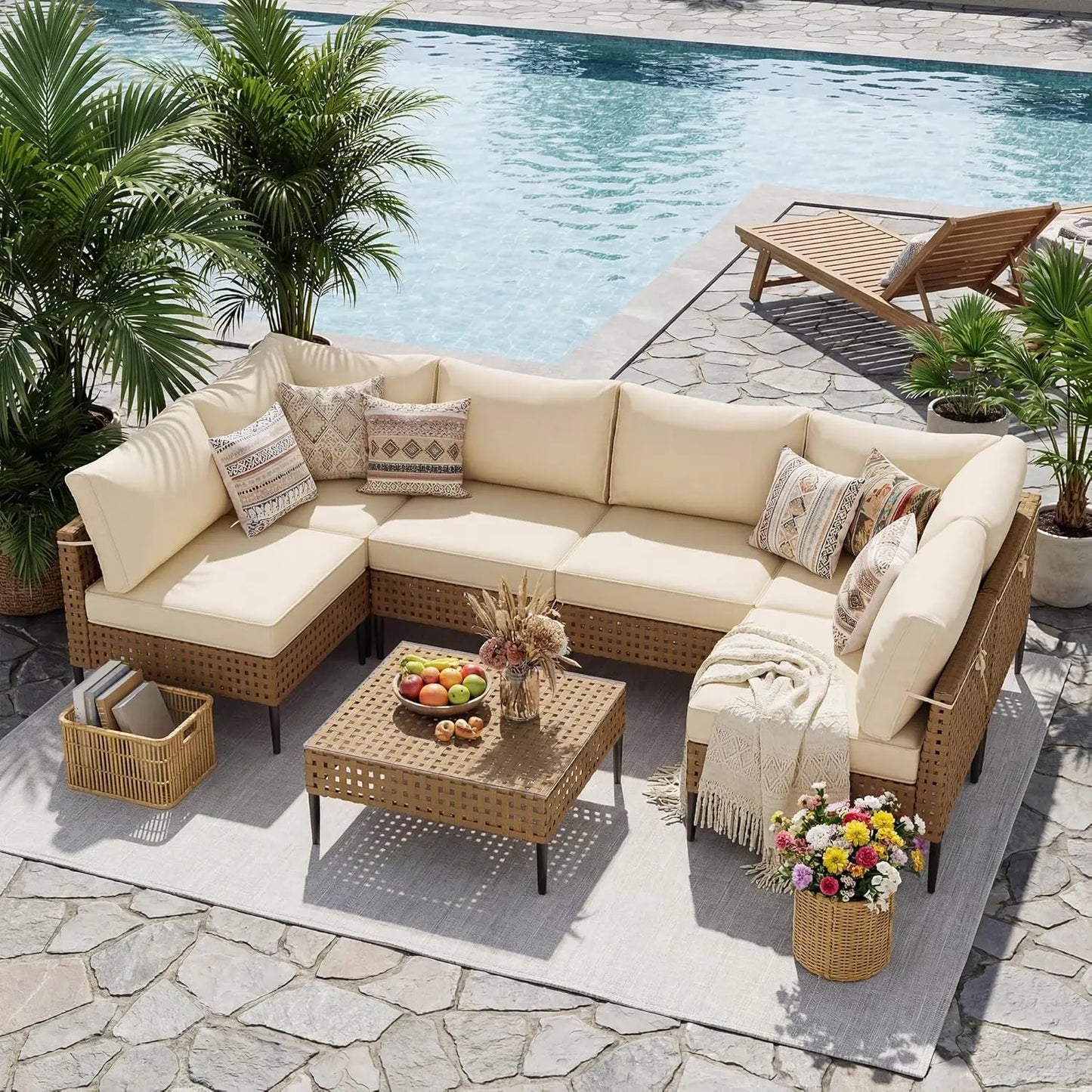Wicker Patio Furniture Set, 7-Piece Modular Outdoor Furniture Set, High-Leg Design Sectional Patio Sofa