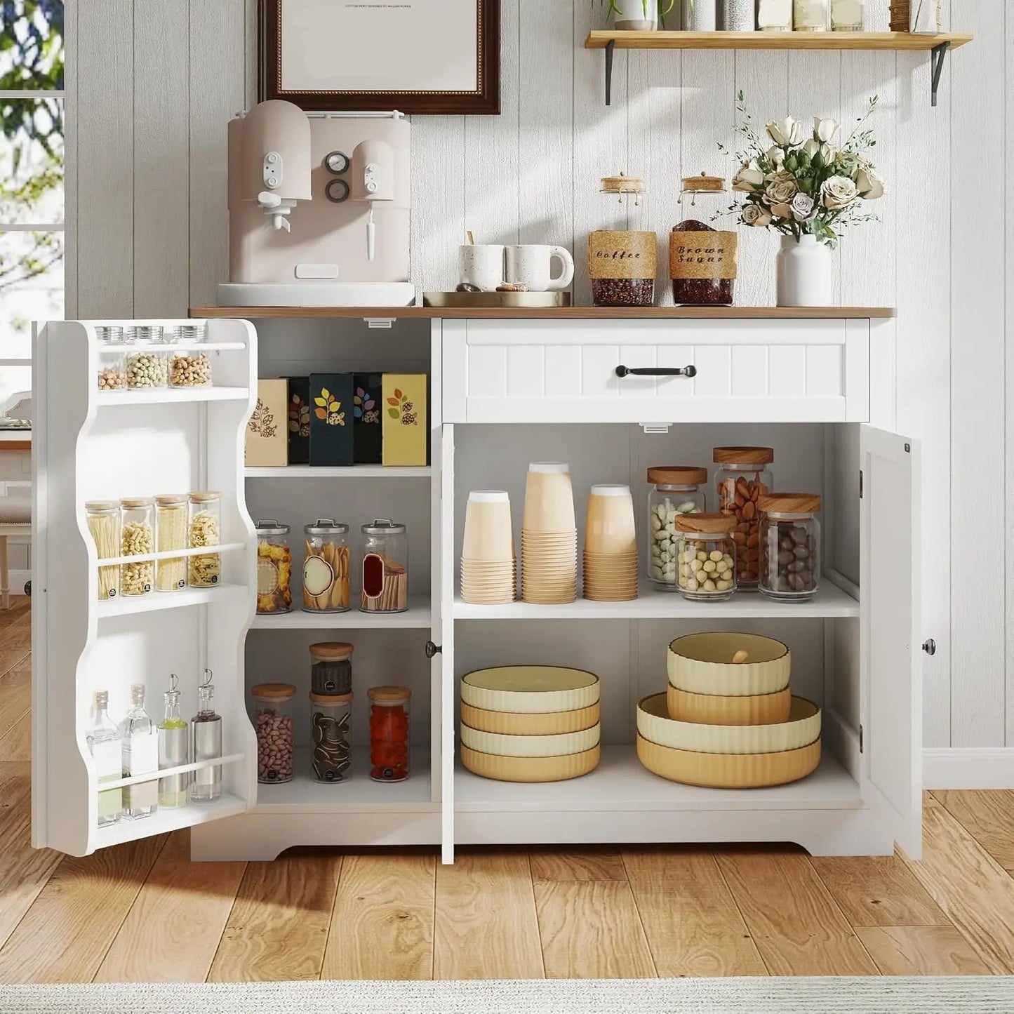 Kitchen Coffee Bar Cabinet with Storage Kitchen Sideboard Buffet Cabinet with Drawers, Short Pantry with Door and, Customized
