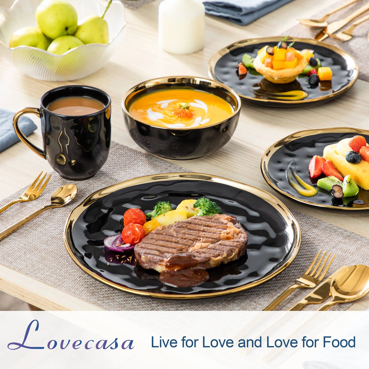 Black Porcelain Dinnerware Set with Gold Trim Dessert Plate, Dinner Plate, Cup, Bowl Tableware Set