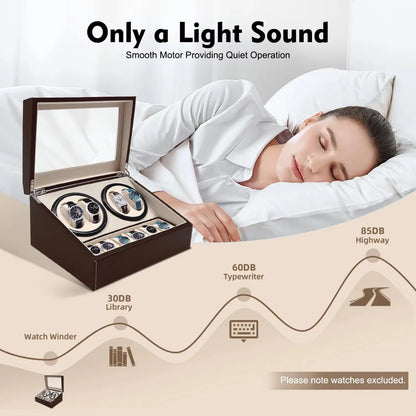 4+6 Rotation Leather Storage Case Display Case Box Automatic Watch Winder Holder Organizer W/Pillow (Brown)