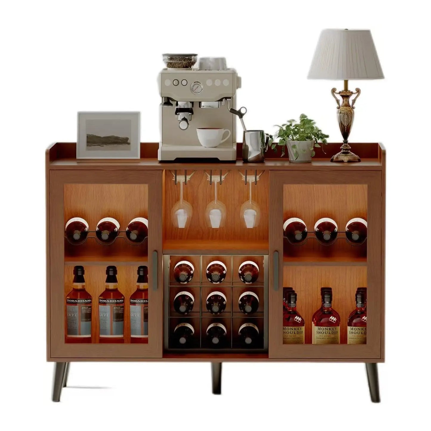 Wine Bar Cabinet With Led Lights & Glass Holder, Freestanding Sideboard With Wine Rack For Dining Room Kitchen Storage