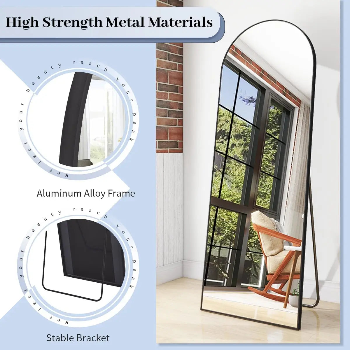Arch Floor Mirror, Full Length Mirror Wall Mirror Hanging or Leaning Arched-Top Full Body Mirror with Stand for Bedroom