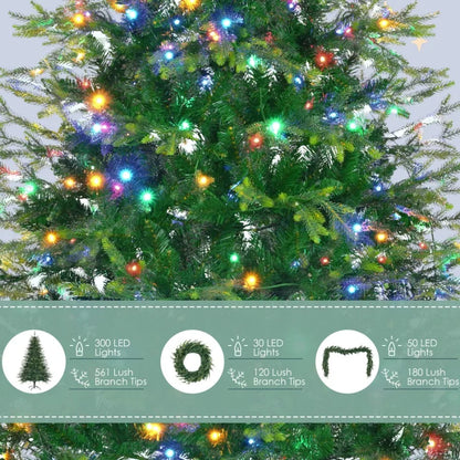 6FT PreLit Aspen Fir Artificial Christmas Tree with Wreath Garland Grass Green Xmas Tree with 380 MultiColor LED Lights 11 Ligh