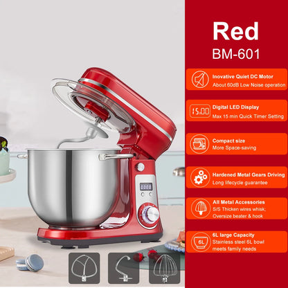 Food Stand Mixer, Blender, Quiet Motor, Cream Egg Whisk, Whip Dough Kneader, 6-Speed, 1200 W, 6 L, DC