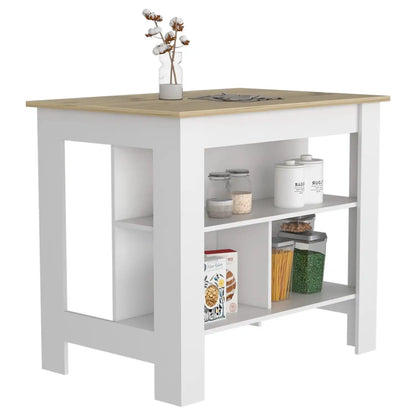 Cala Kitchen Island, Four Legs, Three Shelves  White / Light Oak