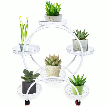 Pot Plant Shelf Round Metal Stand W/Wheel Rack for Flowers
