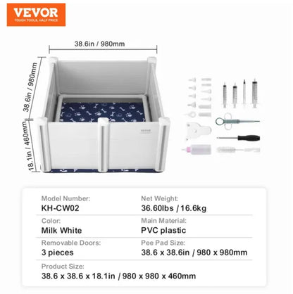 Dog Whelping Box 38.6x38.6x18.1in PVC with Rails Pee Pad for Dogs Puppies