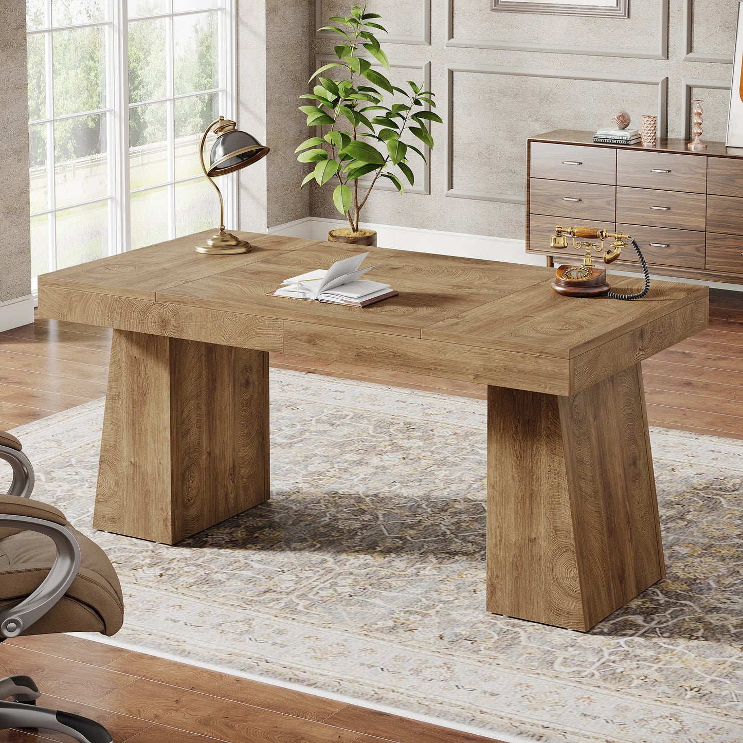 Executive Desk, Large Wood Office Computer Desk with Double Pedestal, Modern Minimalist Workstations