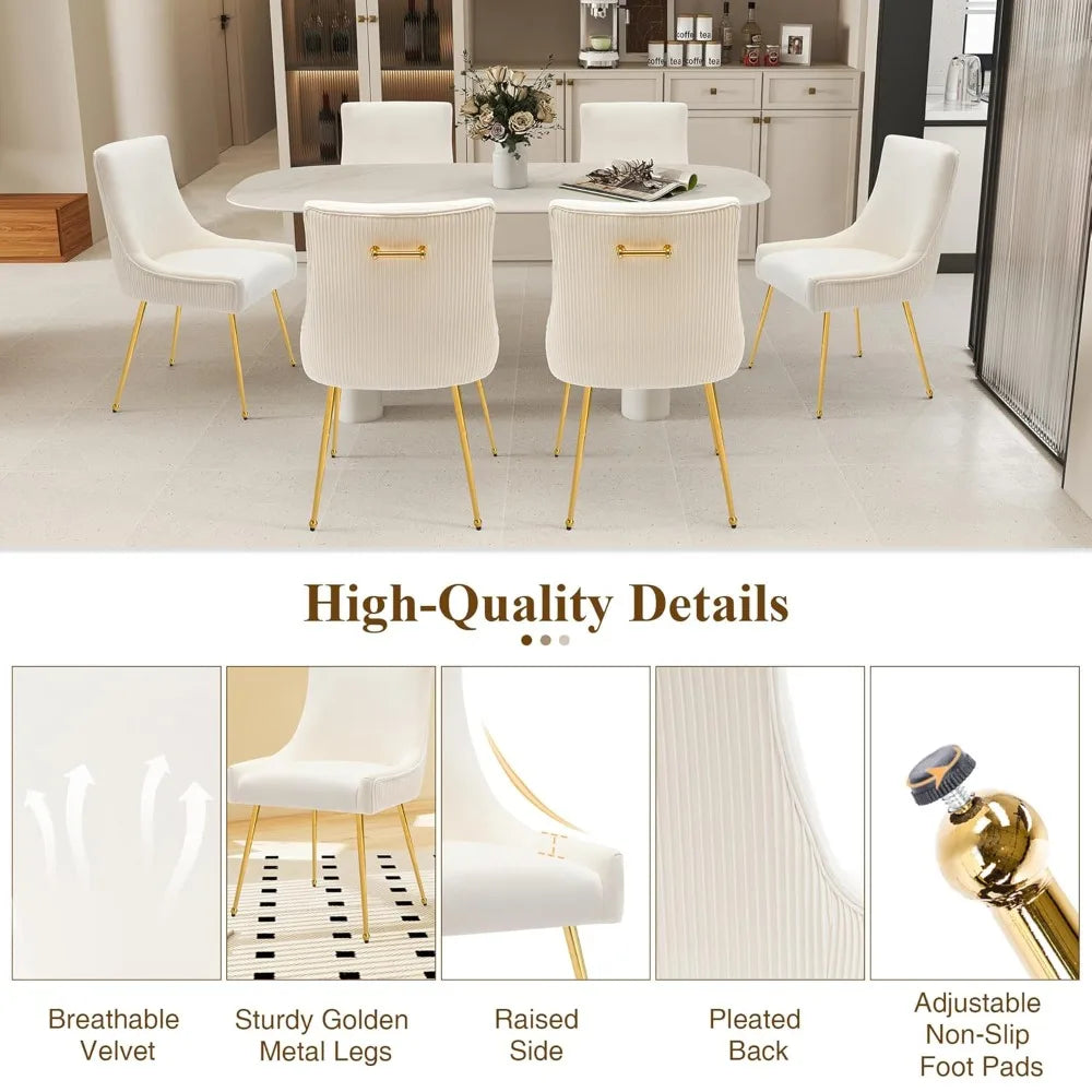 Velvet Dining Chairs Set of 4, Modern Upholstered Kitchen Chair with Pull Handle & Pleated Back, Mid Century Accent