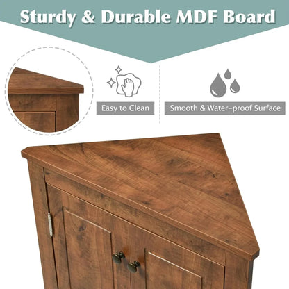 Corner Storage Cabinet with Adjustable Shelves, Triangle Bathroom & Kitchen Organizer, Freestanding Floor Cabinet for Toilet Kit