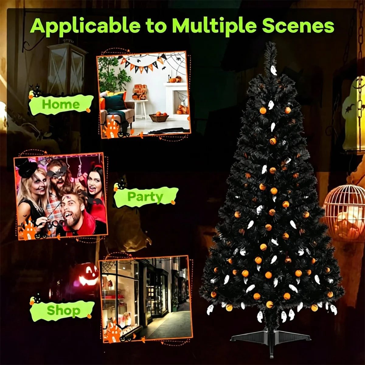 Black Halloween Tree with 65 Ghost Cold White Lights & 65 Pumpkin Orange Lights