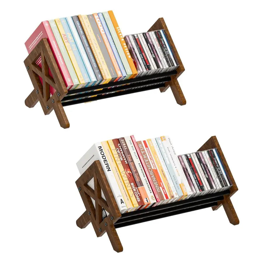 Desktop Bookshelf Organizer, Wood Office Tabletop Book Storage Rack, Tilting Bookcase for Books CDs Magazine Display 2 Packs Bl