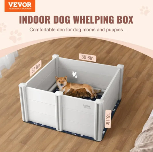 Dog Whelping Box 38.6x38.6x18.1in PVC with Rails Pee Pad for Dogs Puppies