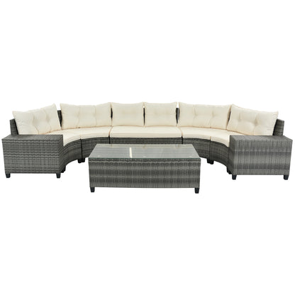 8-pieces Outdoor Wicker Round Sofa Set, With Rectangular Coffee Table