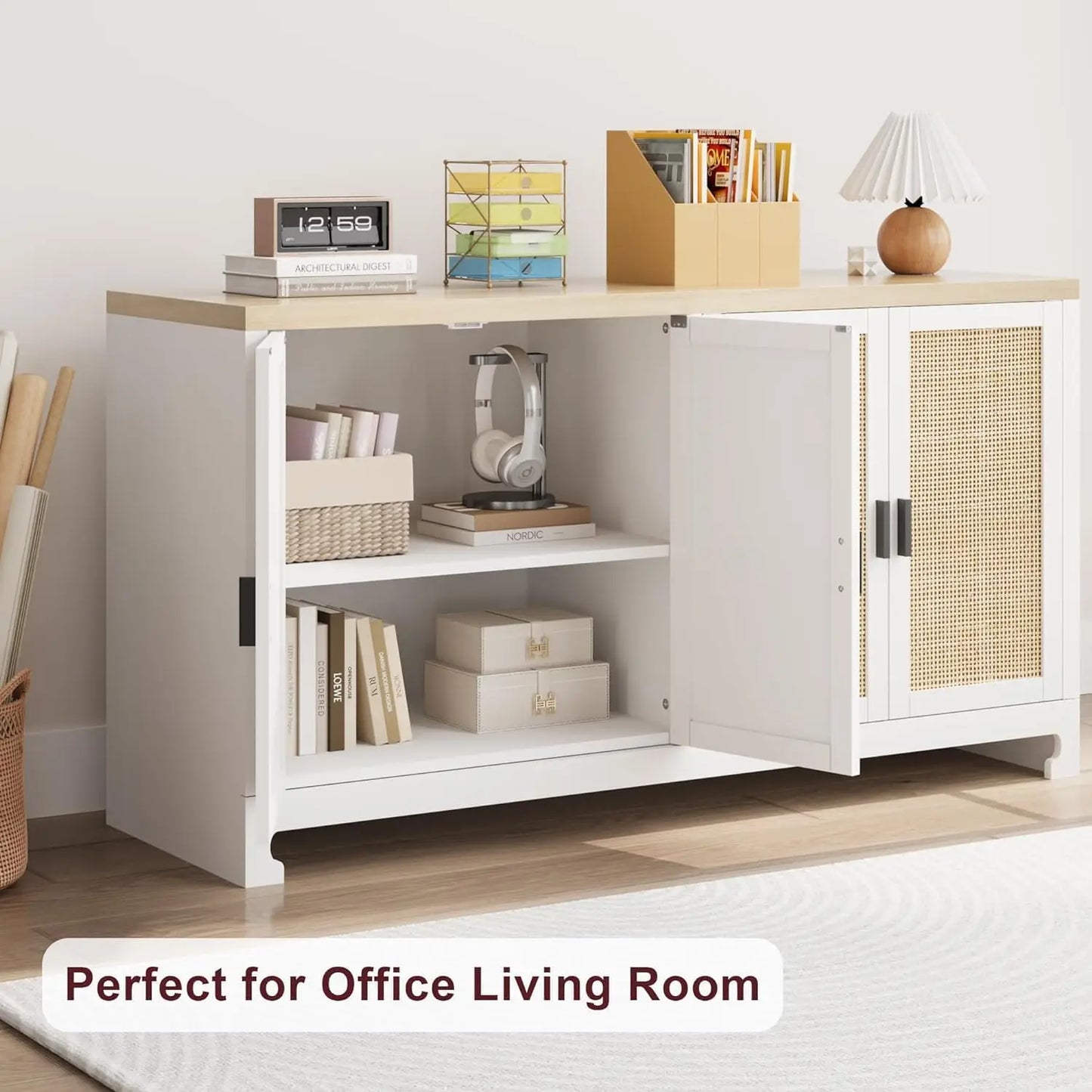 Buffet Cabinet, Rattan Storage Cabinet with 4 Doors and Shelf, Modern Console Coffee Bar Cabinet For  Home, Dining Room, Kitchen