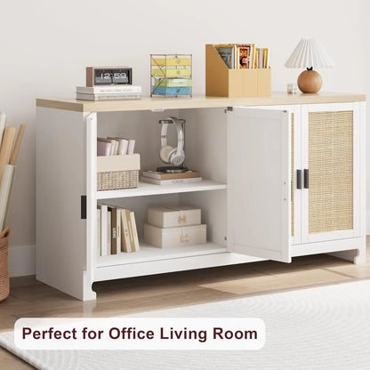 Buffet Cabinet, Rattan Storage Cabinet with 4 Doors and Shelf, Modern Console Coffee Bar Cabinet For  Home, Dining Room, Kitchen