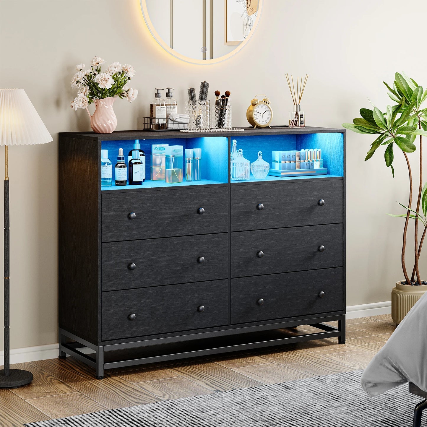 Modern Wooden Chest of Drawers for Bedroom Living Room with LED Light Charging Station 6 Drawers with Open Space Storage