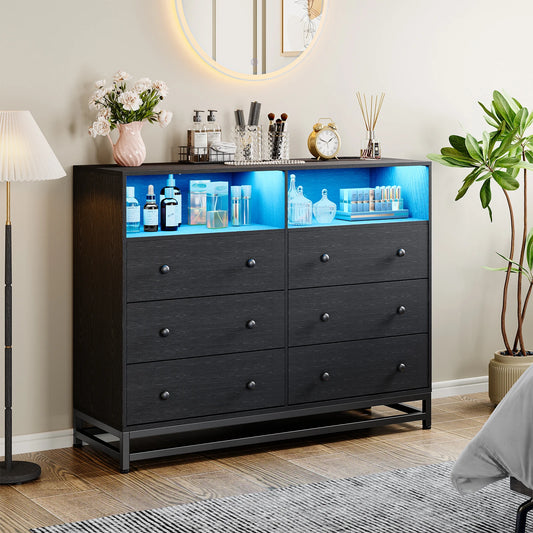 Modern Wooden Chest of Drawers for Bedroom Living Room with LED Light Charging Station 6 Drawers with Open Space Storage