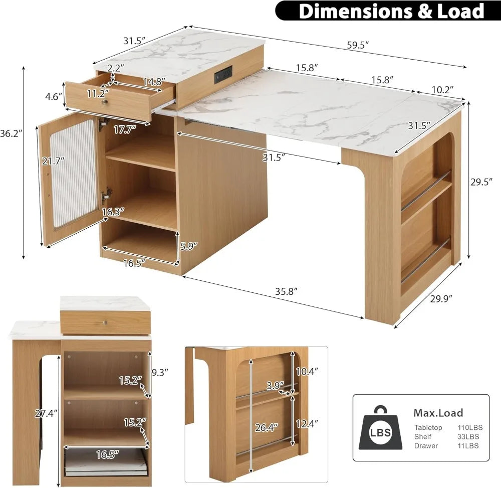 Kitchen Island Extendable Dining Table w/ Charging Station, Dual Storage, Mobile Prep Station, Natural