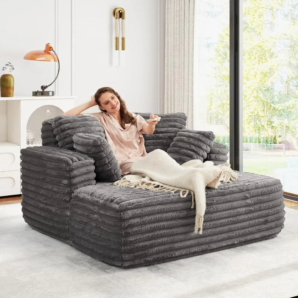 Oversized Chaise Lounge Chair Indoor Plush Faux Fur Sleeper Sofa Couch Bed with Pillows Wide Armrests Fluffy Cloud Couch