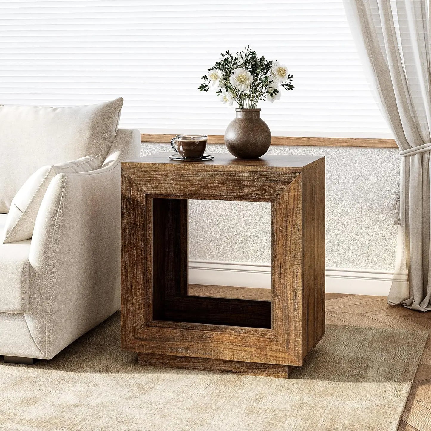 End Table, Wooden Square Side Table, Farmhouse Sofa Side Tables for Living Room, 2-Tier Bedside Table for Bedroom