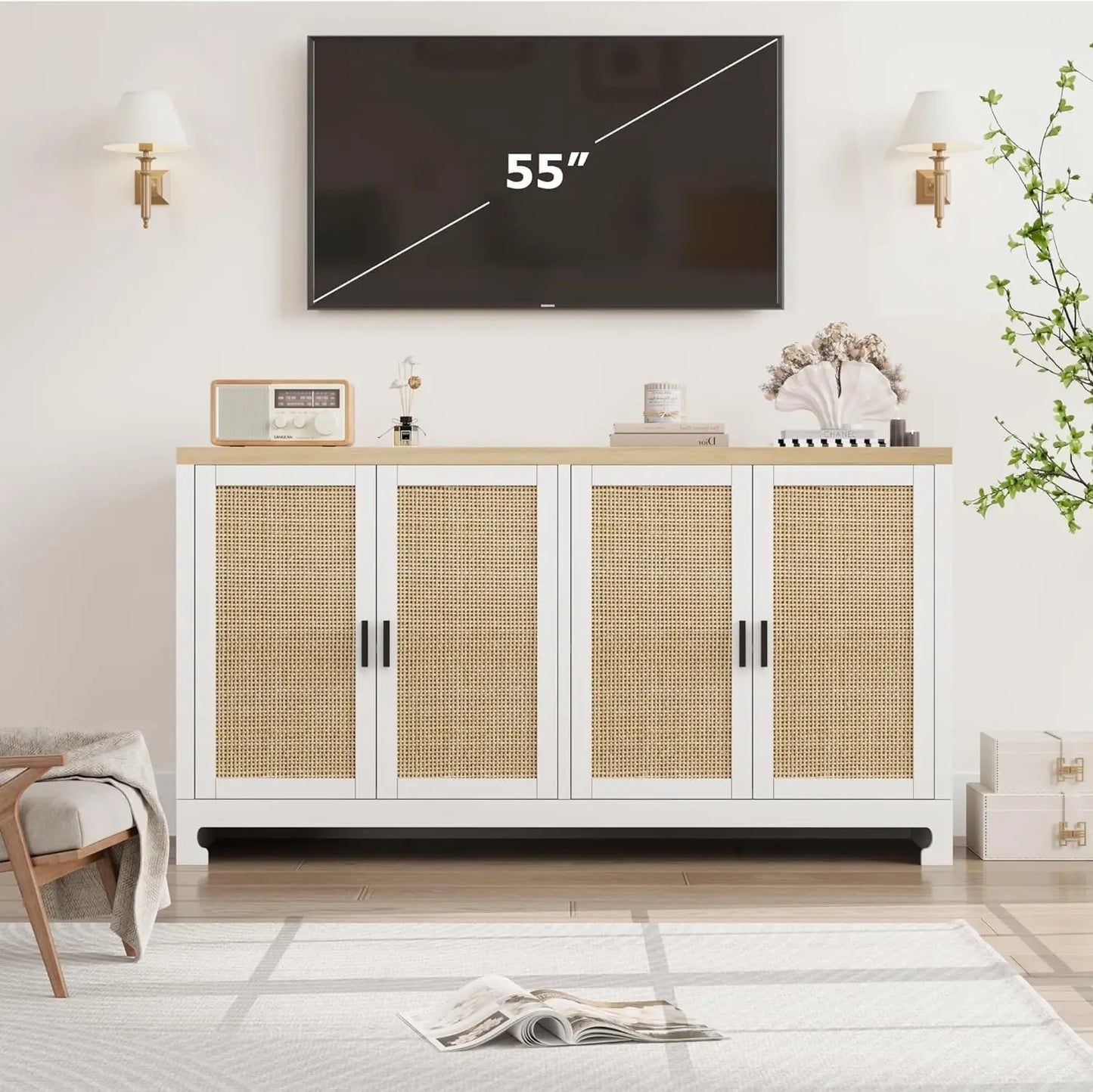 Buffet Cabinet, Rattan Storage Cabinet with 4 Doors and Shelf, Modern Console Coffee Bar Cabinet For  Home, Dining Room, Kitchen