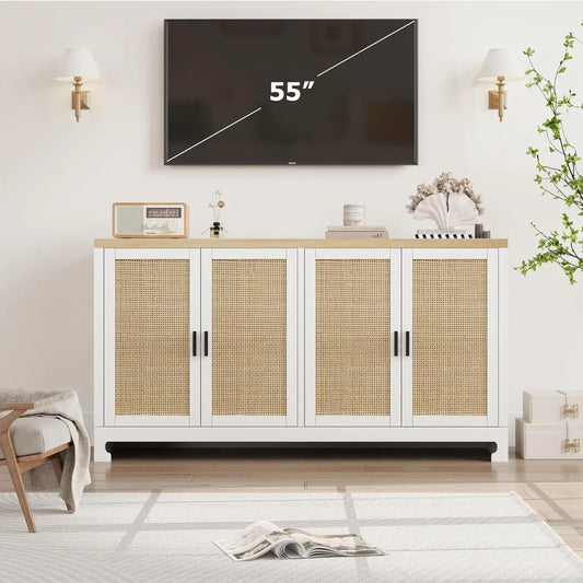 Buffet Cabinet, Rattan Storage Cabinet with 4 Doors and Shelf, Modern Console Coffee Bar Cabinet For  Home, Dining Room, Kitchen