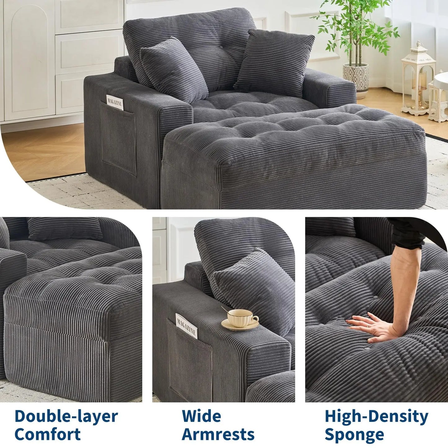 Cloud Chaise Lounge Indoor with Ottoman, Oversized Corduroy Sleeper Sofa Chair, Deep Seat Reading Couch, 2 Pillows