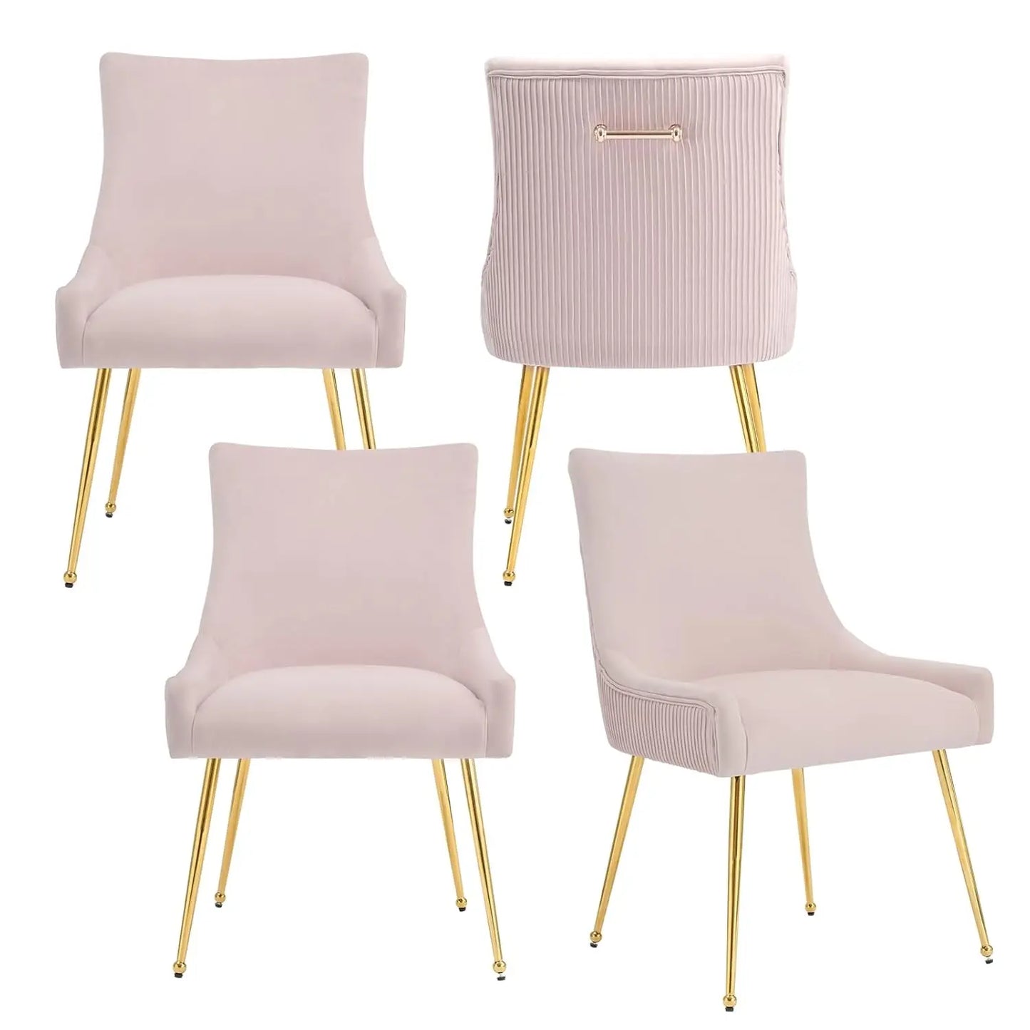 Velvet Dining Chairs Set of 4, Modern Upholstered Kitchen Chair with Pull Handle & Pleated Back, Mid Century Accent