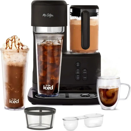 Mr. Coffee 3-in-1 Single-Serve Iced and Hot Coffee/Tea Maker with Blender with Reusable Filter, Scoop, 2 Tumblers, Straws, Black