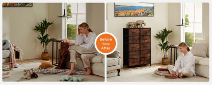 JHK Bedside Table For Bedroom With 10 Fabric Drawers Wardrobe Steel Frame Closet