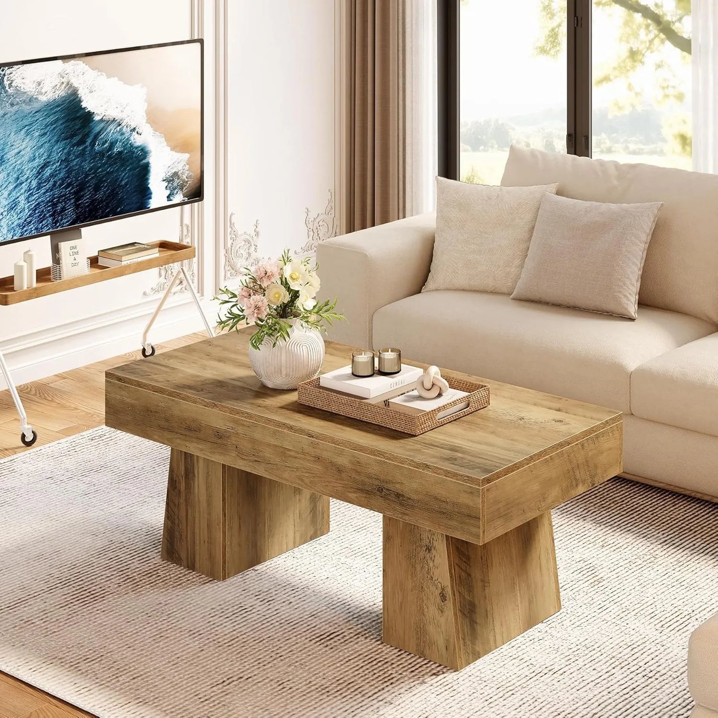Farmhouse Coffee Table 47Inches, Wooden Rectangular Accent Center Table, Modern Low Cocktail Tea Living Room Furniture